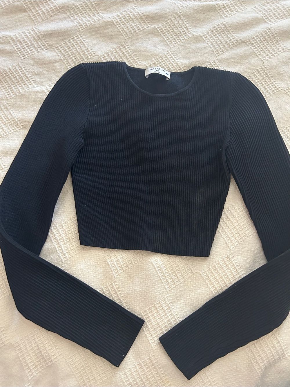 Babaton Black Ribbed Long-Sleeve Crop Top 2XS
